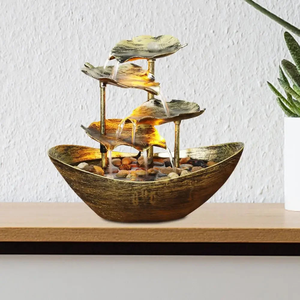 Decorative Table Fountain with Lotus Waterfall LED USB Pump