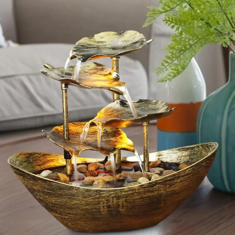 Decorative Table Fountain with Lotus Waterfall LED USB Pump