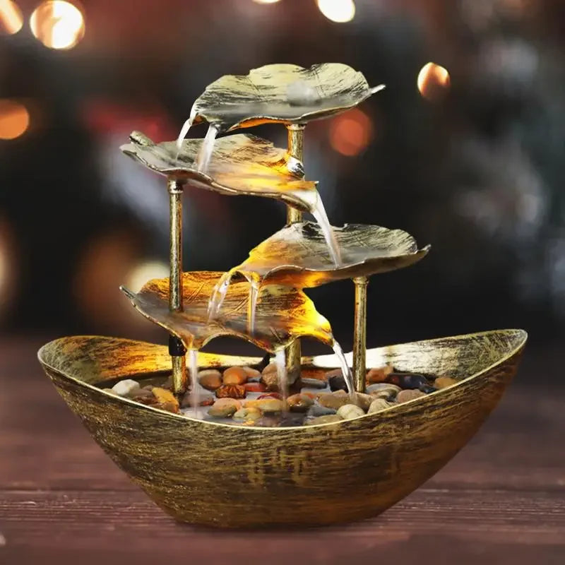 Decorative Table Fountain with Lotus Waterfall LED USB Pump