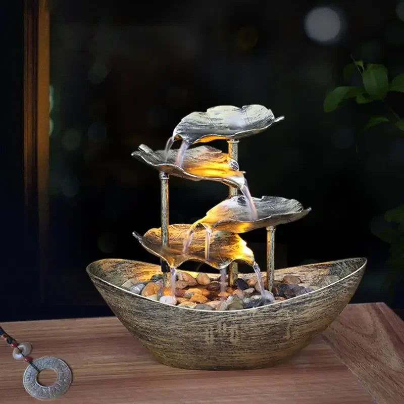 Decorative Table Fountain with Lotus Waterfall LED USB Pump